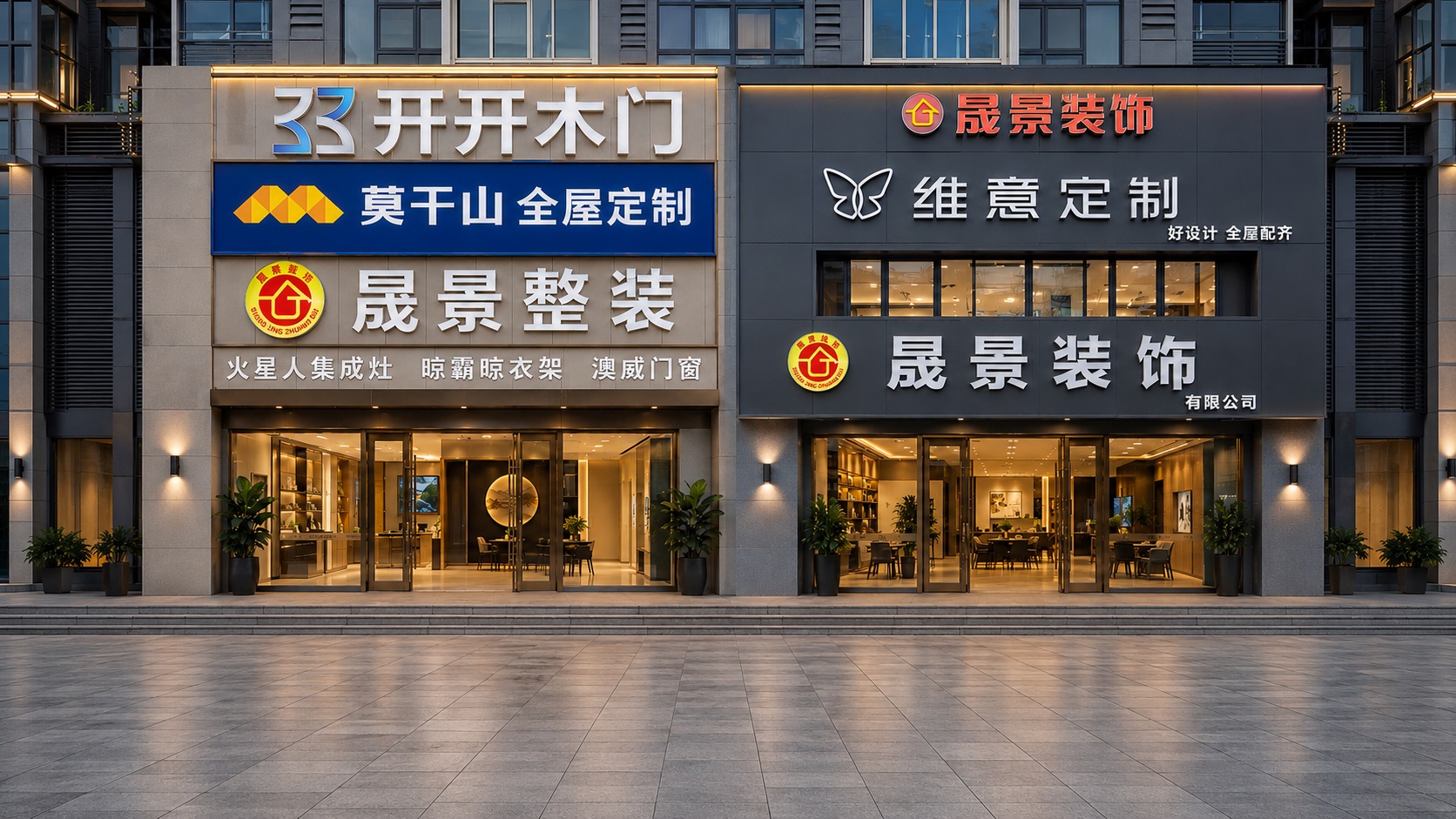 晟景装饰门店形象效果图,展示相邻门店外立面,非实拍